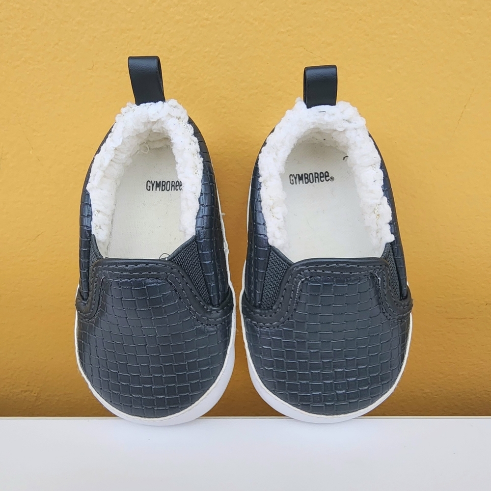 Gymboree Crib Shoes Baby Sz 2 Slip-On Faux Leather Sherpa Basketweave Navy Blue